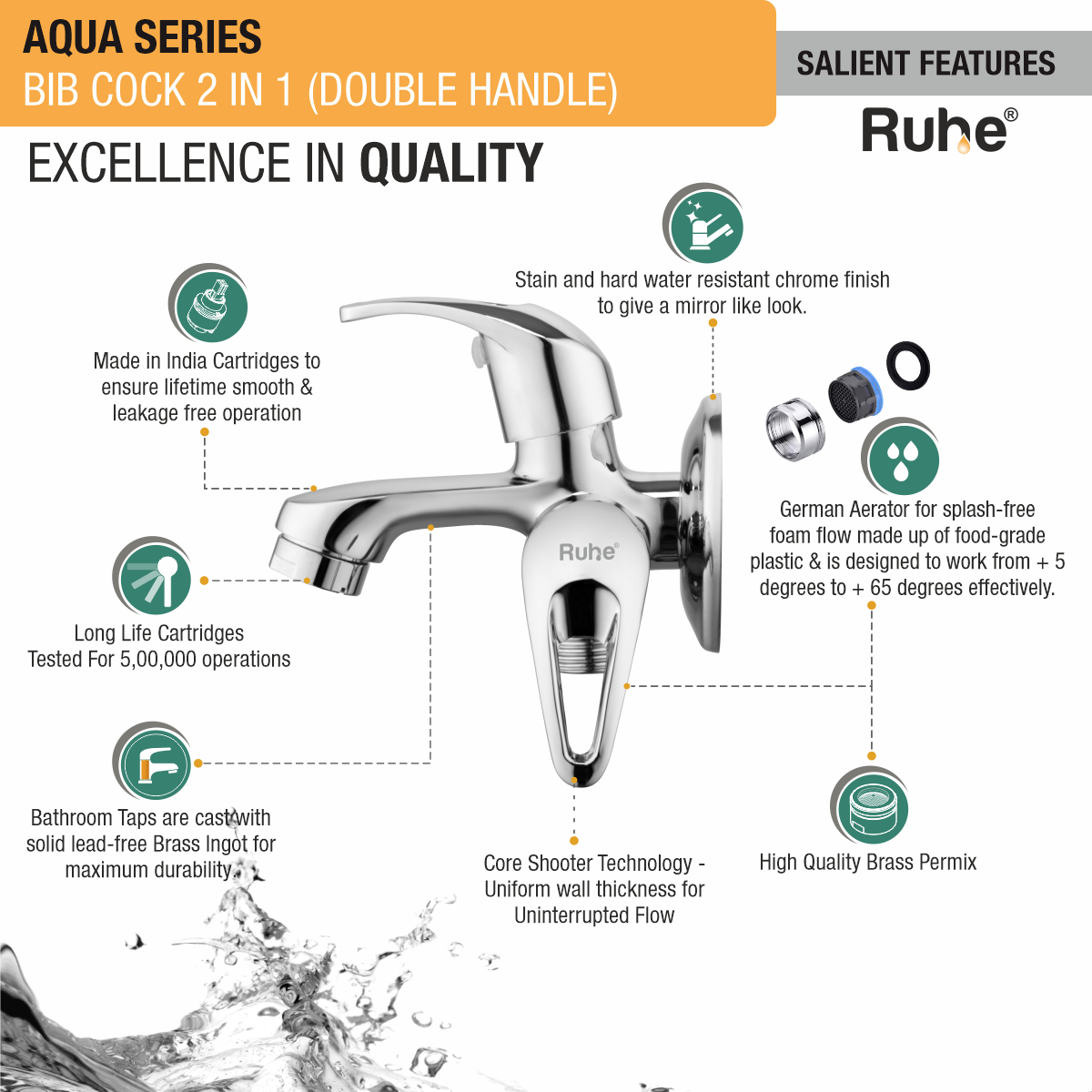 Aqua Two Way Bib Tap (Double Handle) - by Ruhe®