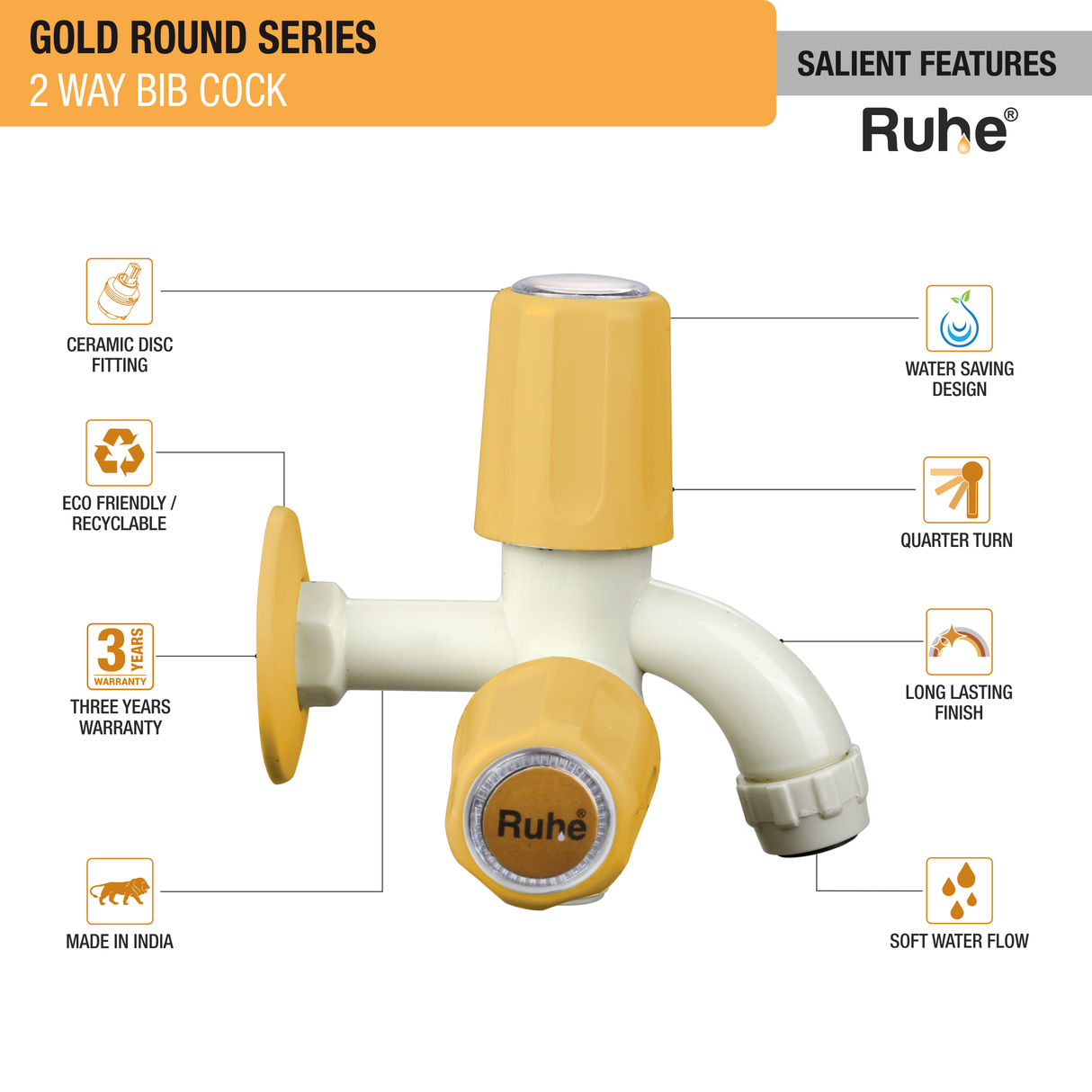 Gold Round Two Way Bib Tap PTMT Faucet - by Ruhe®