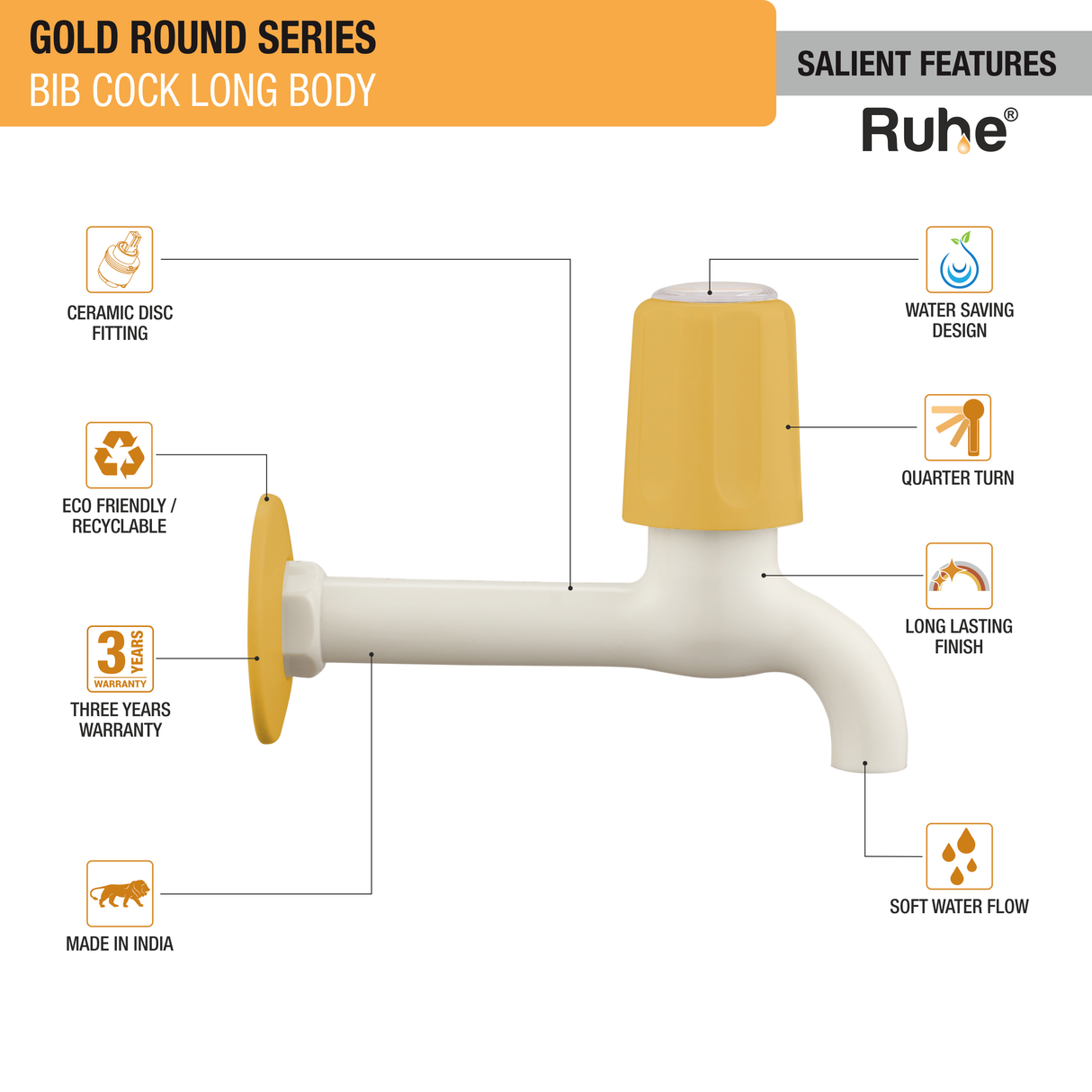 Gold Round Bib Tap Long Body PTMT Faucet - by Ruhe®