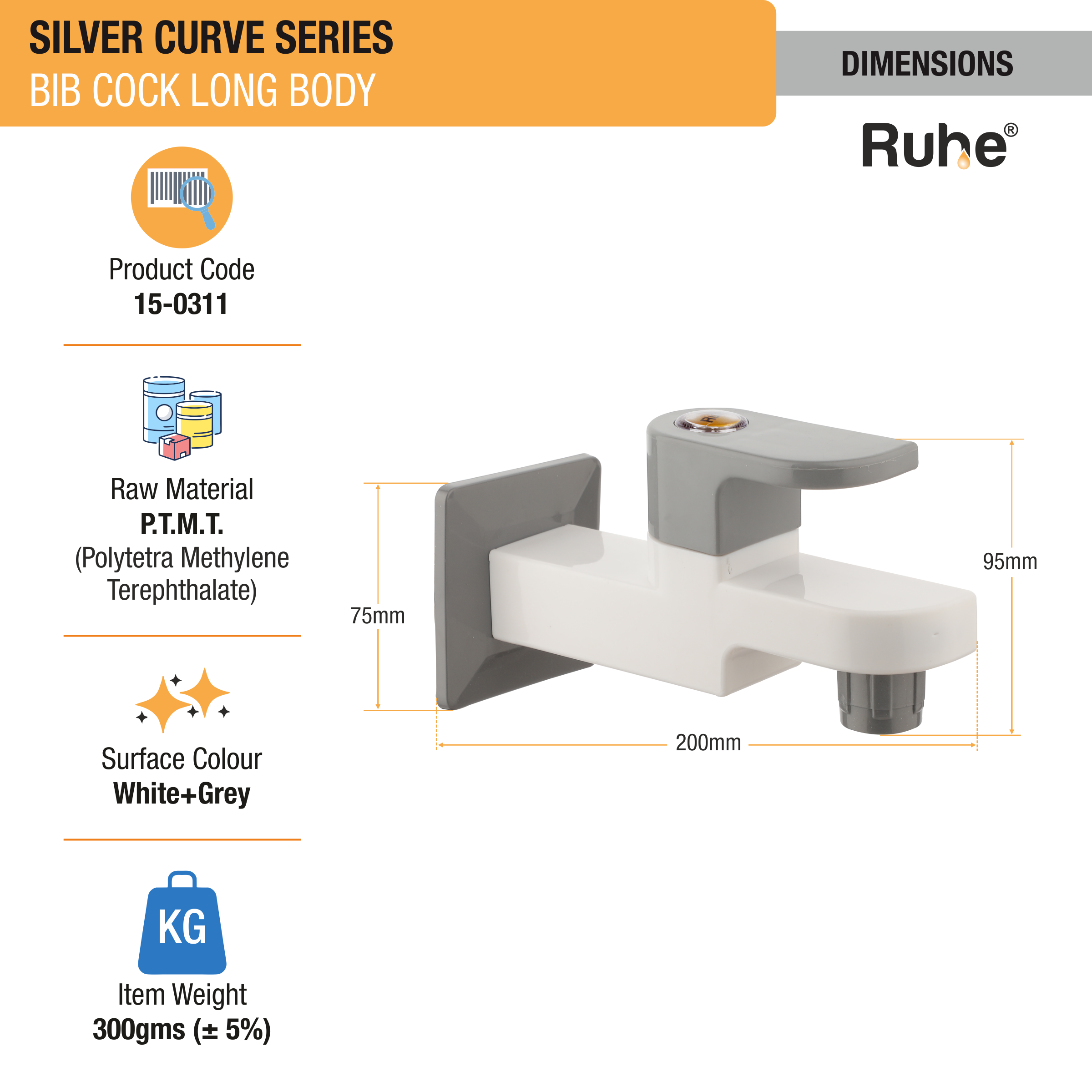 Silver Curve Bib Tap Long Body PTMT Faucet dimensions and sizes