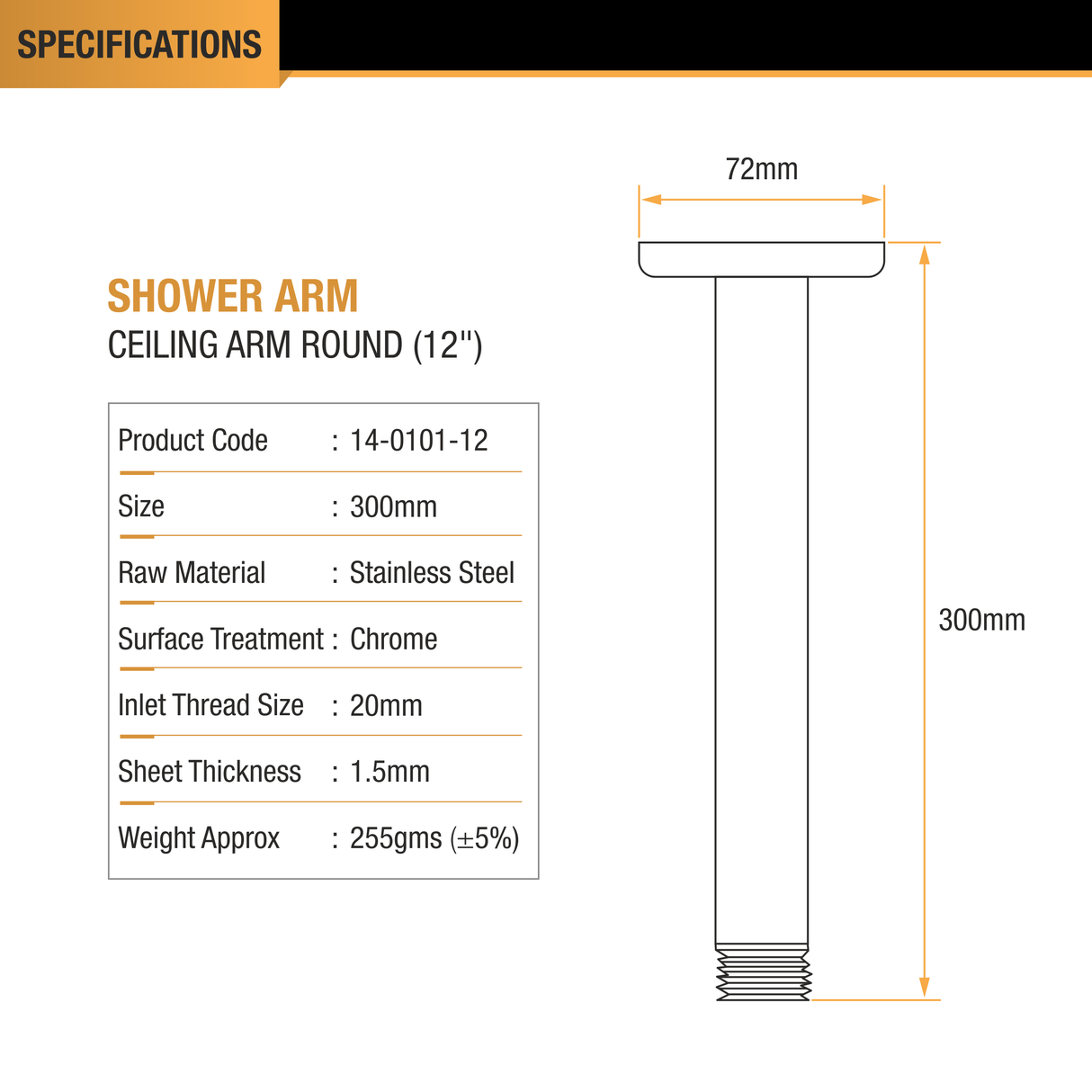 Round Ceiling Shower Arm (12 Inches) with Flange - by Ruhe®