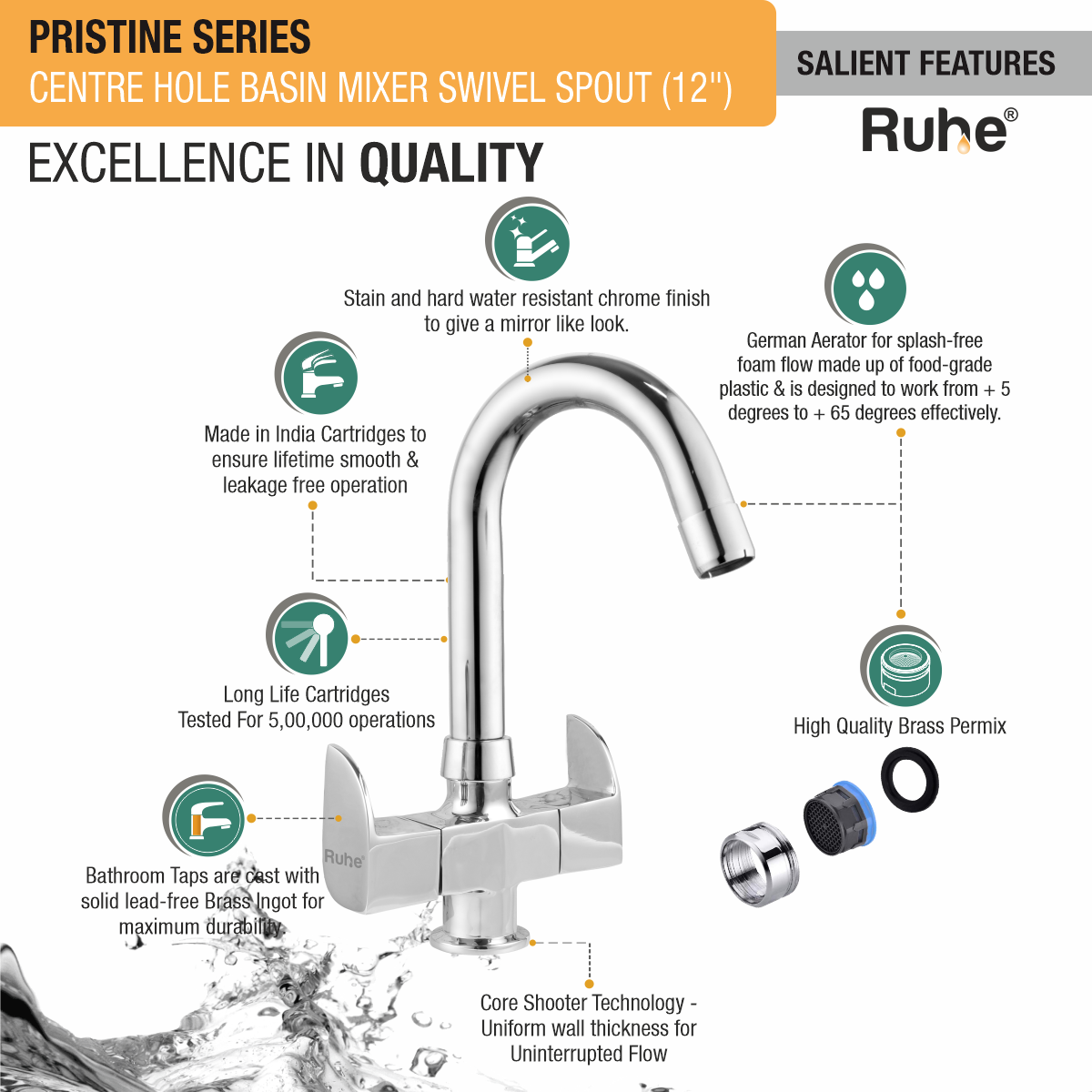 Pristine Centre Hole Basin Mixer with Small (12 inches) Round Swivel Spout Faucet features