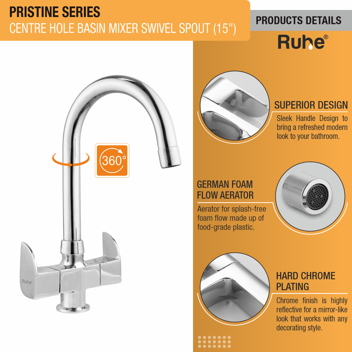 Pristine Centre Hole Basin Mixer with Medium (15 inches) Round Swivel Spout Faucet product details
