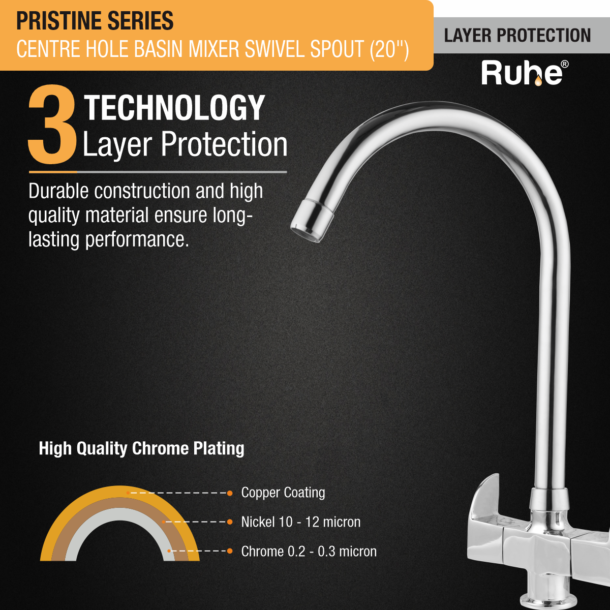 Pristine Centre Hole Basin Mixer with Large (20 inches) Round Swivel Spout Faucet 3 layer protection