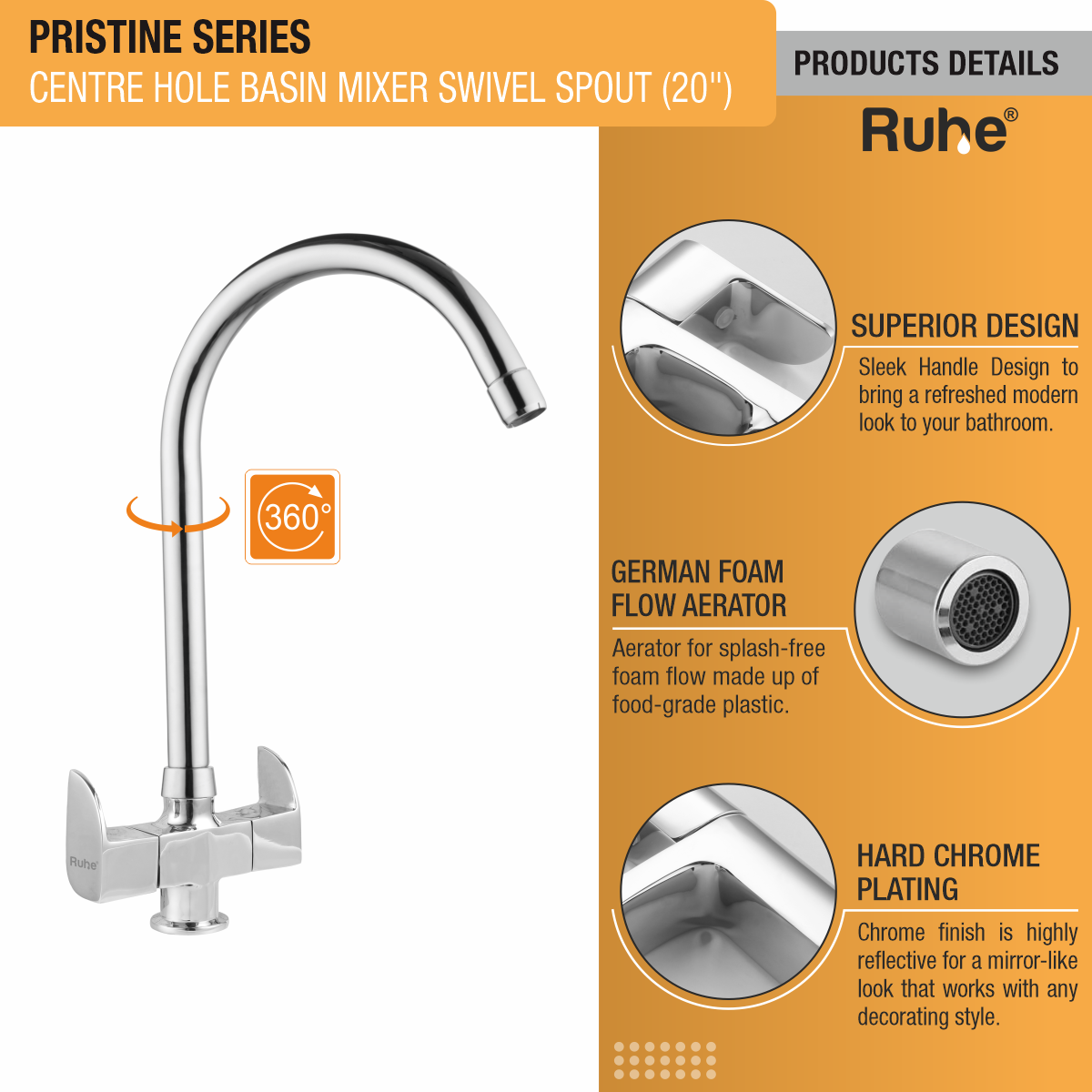 Pristine Centre Hole Basin Mixer with Large (20 inches) Round Swivel Spout Faucet product details