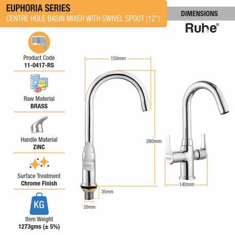 Euphoria Centre Hole Basin Mixer with Small (12 inches) Round Swivel Spout Faucet dimensions and size