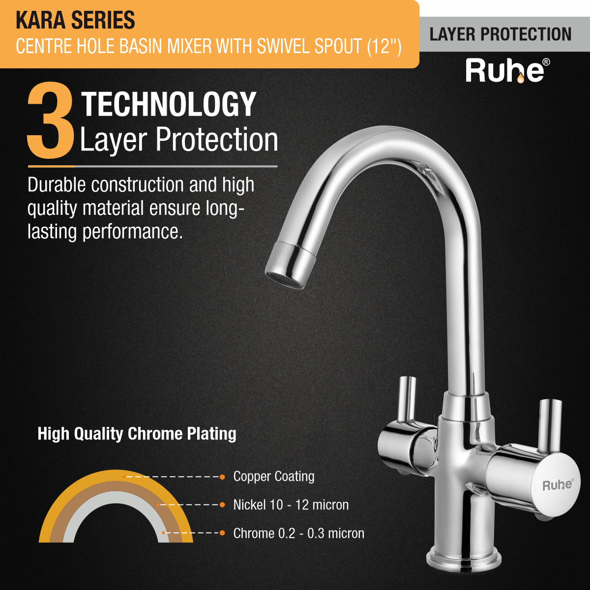 Kara Centre Hole Basin Mixer with Small (12 inches) Round Swivel Spout Faucet 3 layer protection