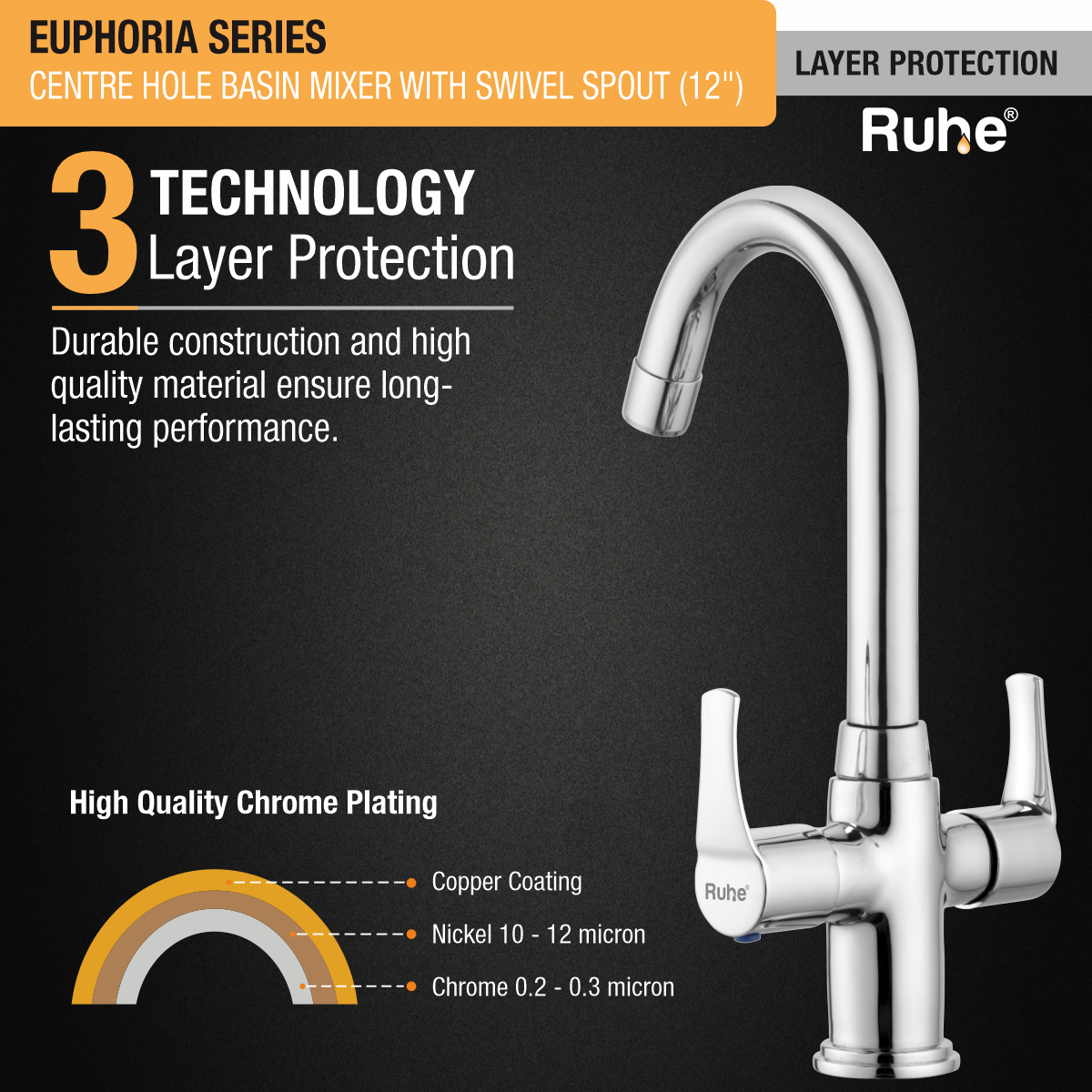 Euphoria Centre Hole Basin Mixer with Small (12 inches) Round Swivel Spout Faucet 3 layer protection
