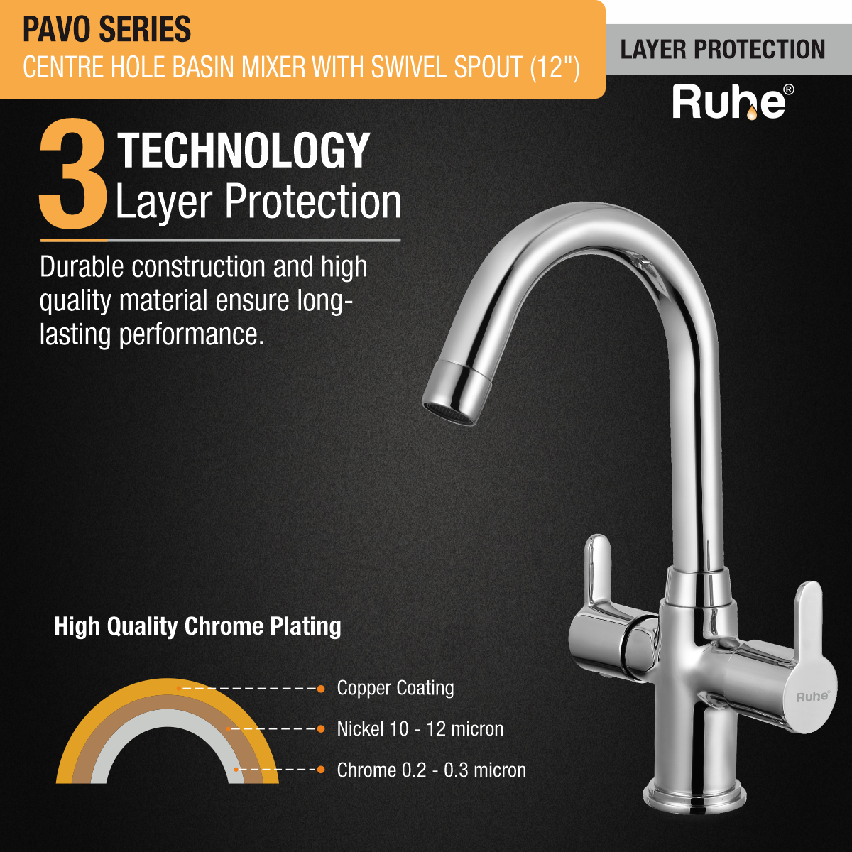 Pavo Centre Hole Basin Mixer with Small (12 inches) Round Swivel Spout Faucet 3 layer protection
