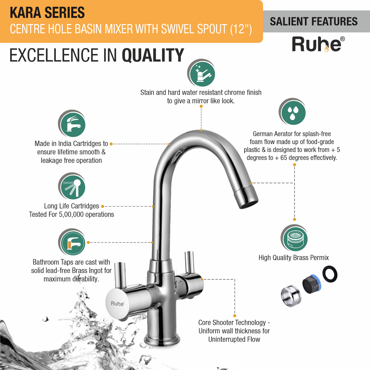 Kara Centre Hole Basin Mixer with Small (12 inches) Round Swivel Spout Faucet features and benefits