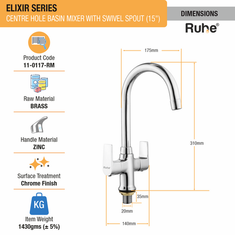Elixir Centre Hole Basin Mixer with Medium (15 inches) Round Swivel Spout Faucet dimensions and size