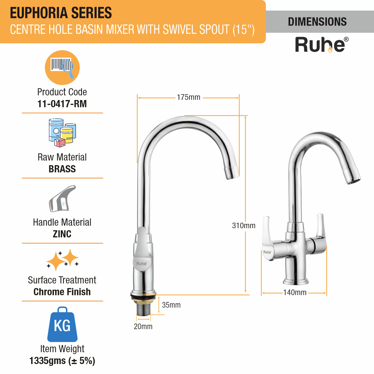 Euphoria Centre Hole Basin Mixer with Medium (15 inches) Round Swivel Spout Faucet dimensions and size