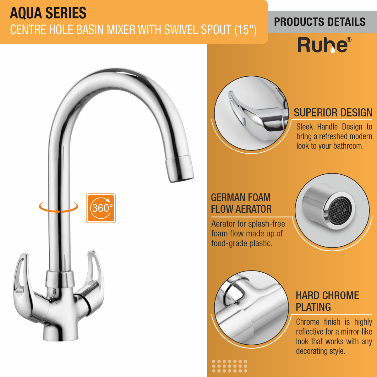 Aqua Centre Hole Basin Mixer with Medium (15 inches) Round Swivel Spout Faucet product details