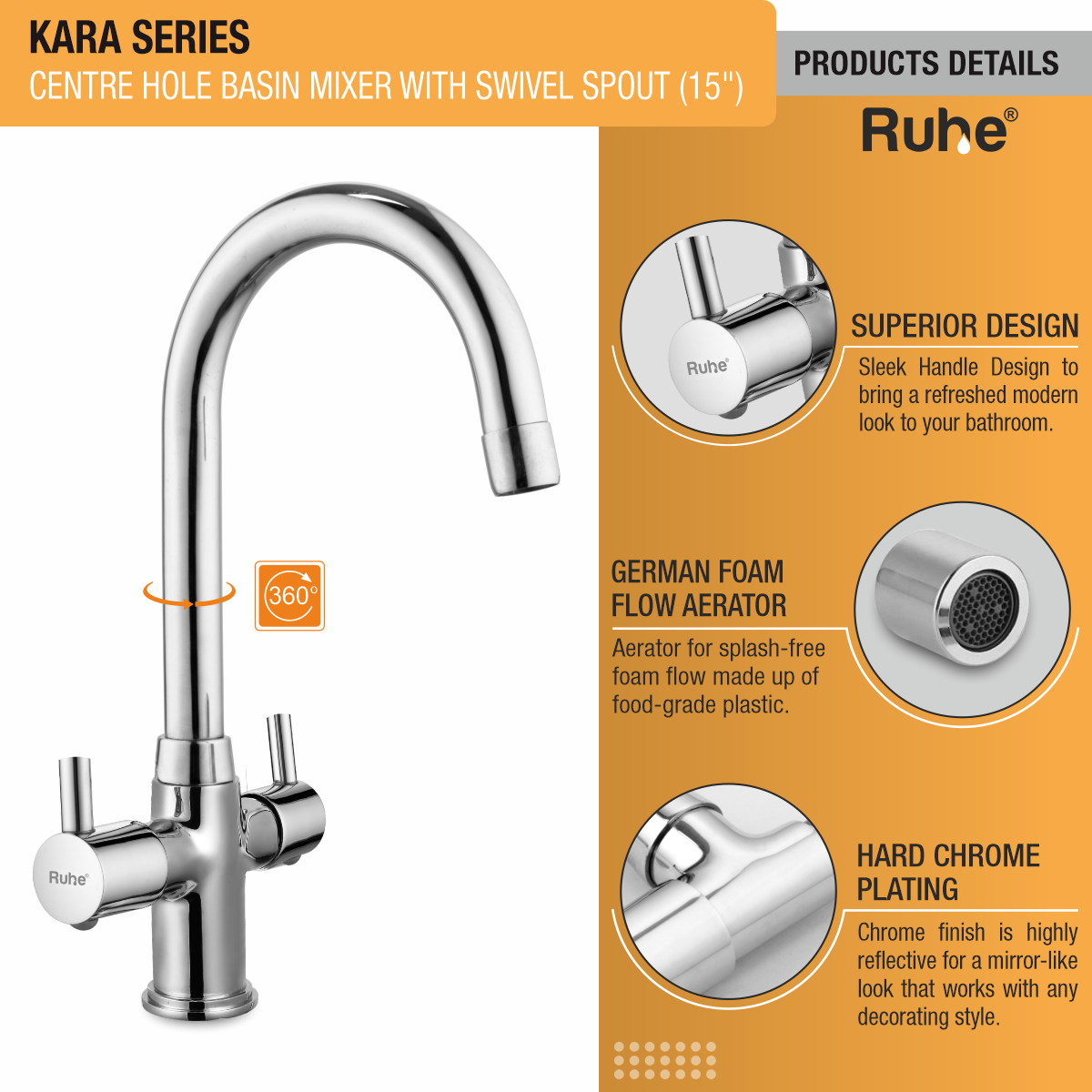 Kara Centre Hole Basin Mixer with Medium (15 inches) Round Swivel Spout Faucet product details