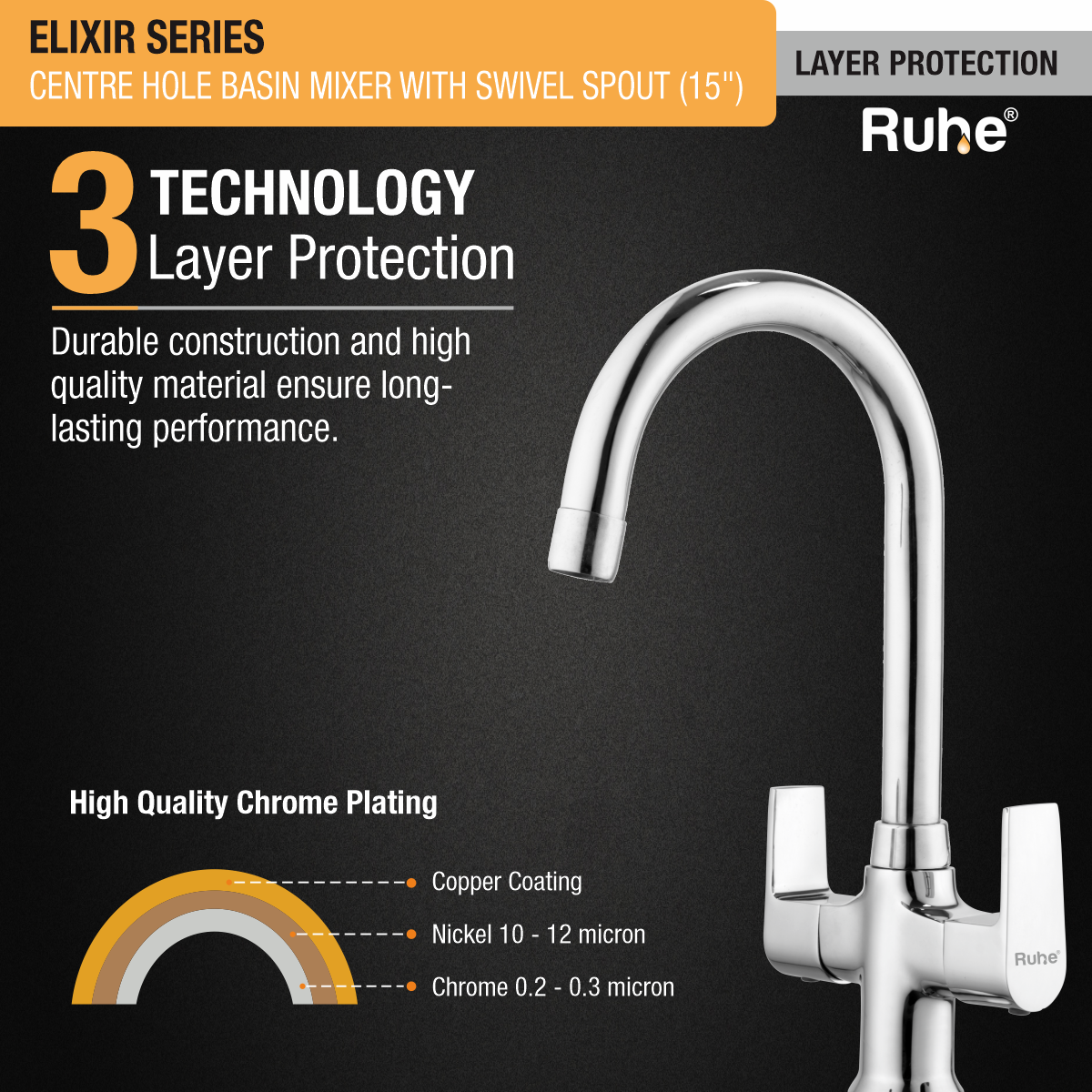 Elixir Centre Hole Basin Mixer with Medium (15 inches) Round Swivel Spout Faucet 3 layer protection