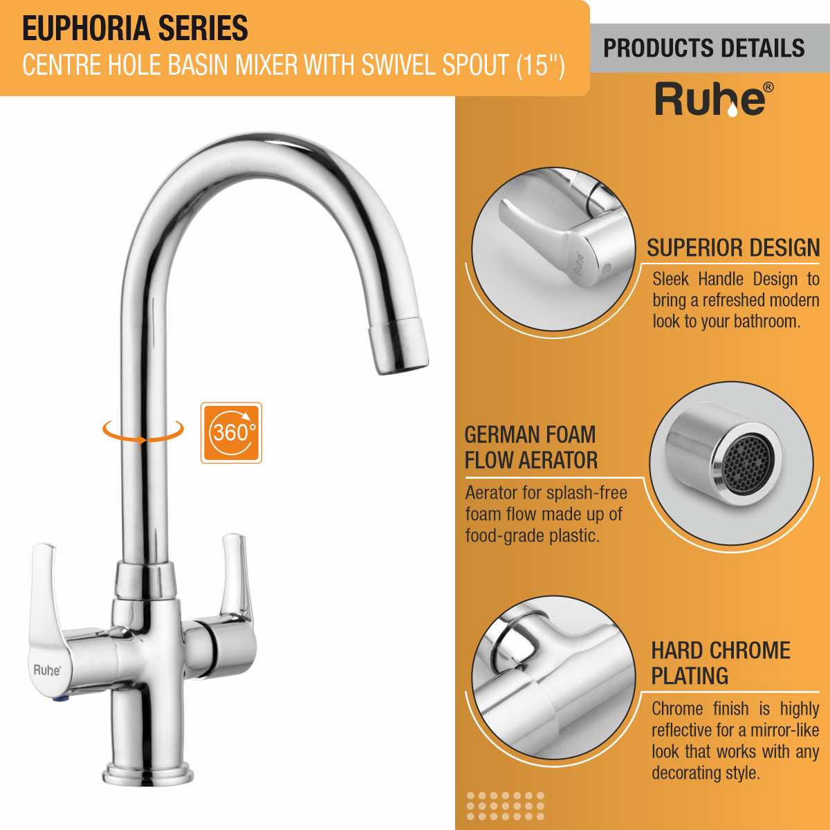 Euphoria Centre Hole Basin Mixer with Medium (15 inches) Round Swivel Spout Faucet product details