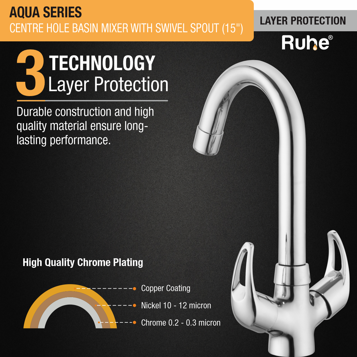 Aqua Centre Hole Basin Mixer with Medium (15 inches) Round Swivel Spout Faucet 3 layer protection