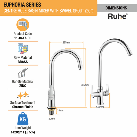 Euphoria Centre Hole Basin Mixer with Large (20 inches) Round Swivel Spout Faucet dimensions and size