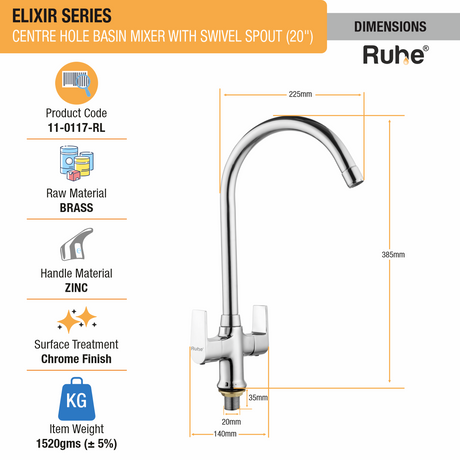 Elixir Centre Hole Basin Mixer with Large (20 inches) Round Swivel Spout Faucet dimensions and size