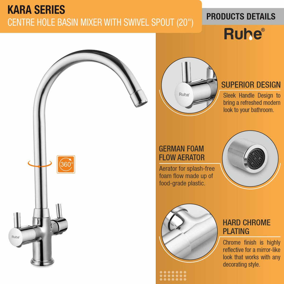 Kara Centre Hole Basin Mixer with Large (20 inches) Round Swivel Spout Faucet product details