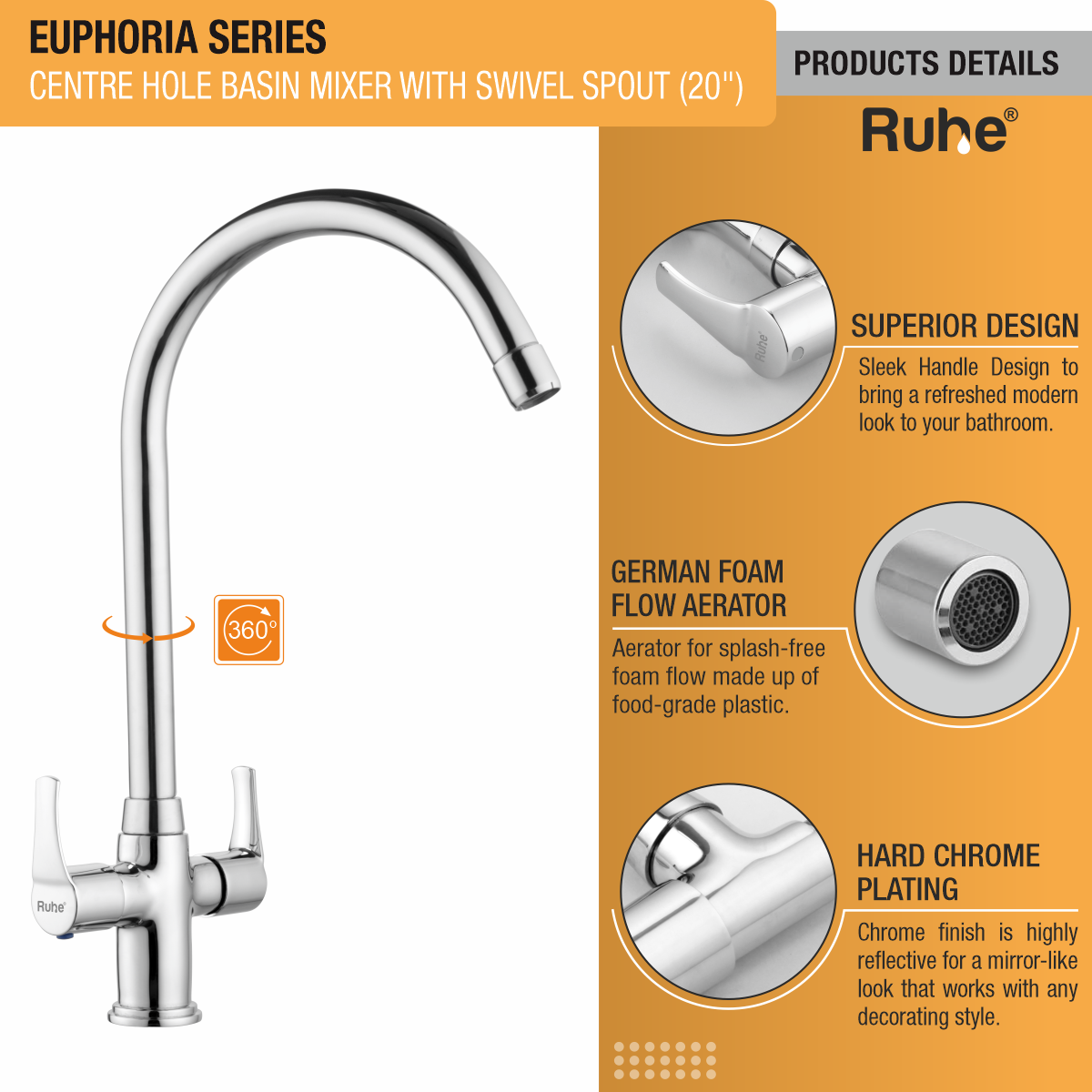 Euphoria Centre Hole Basin Mixer with Large (20 inches) Round Swivel Spout Faucet product details
