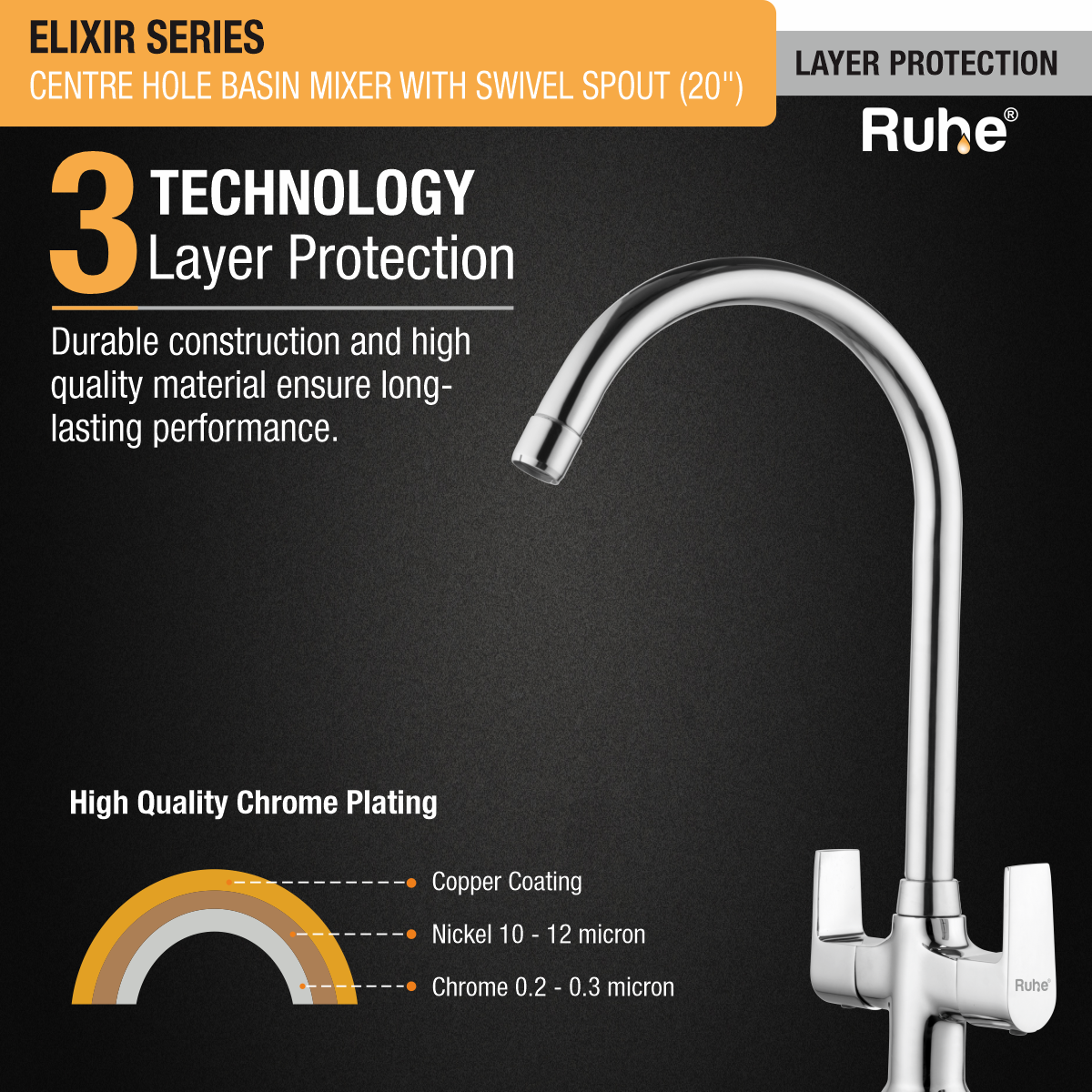 Elixir Centre Hole Basin Mixer with Large (20 inches) Round Swivel Spout Faucet 3 layer protection