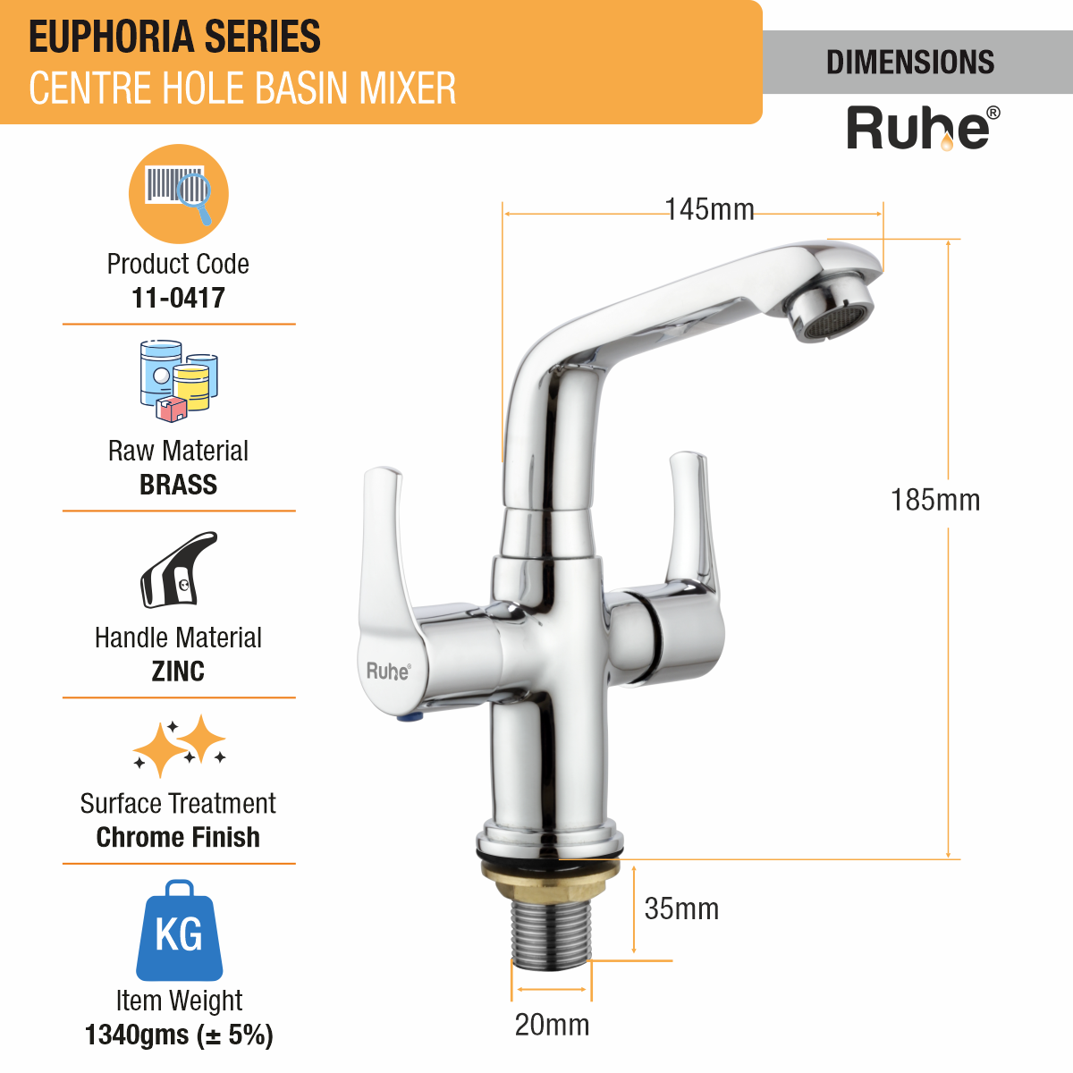 Euphoria Centre Hole Basin Mixer with Small (7 inches) Swivel Spout Faucet dimensions and size