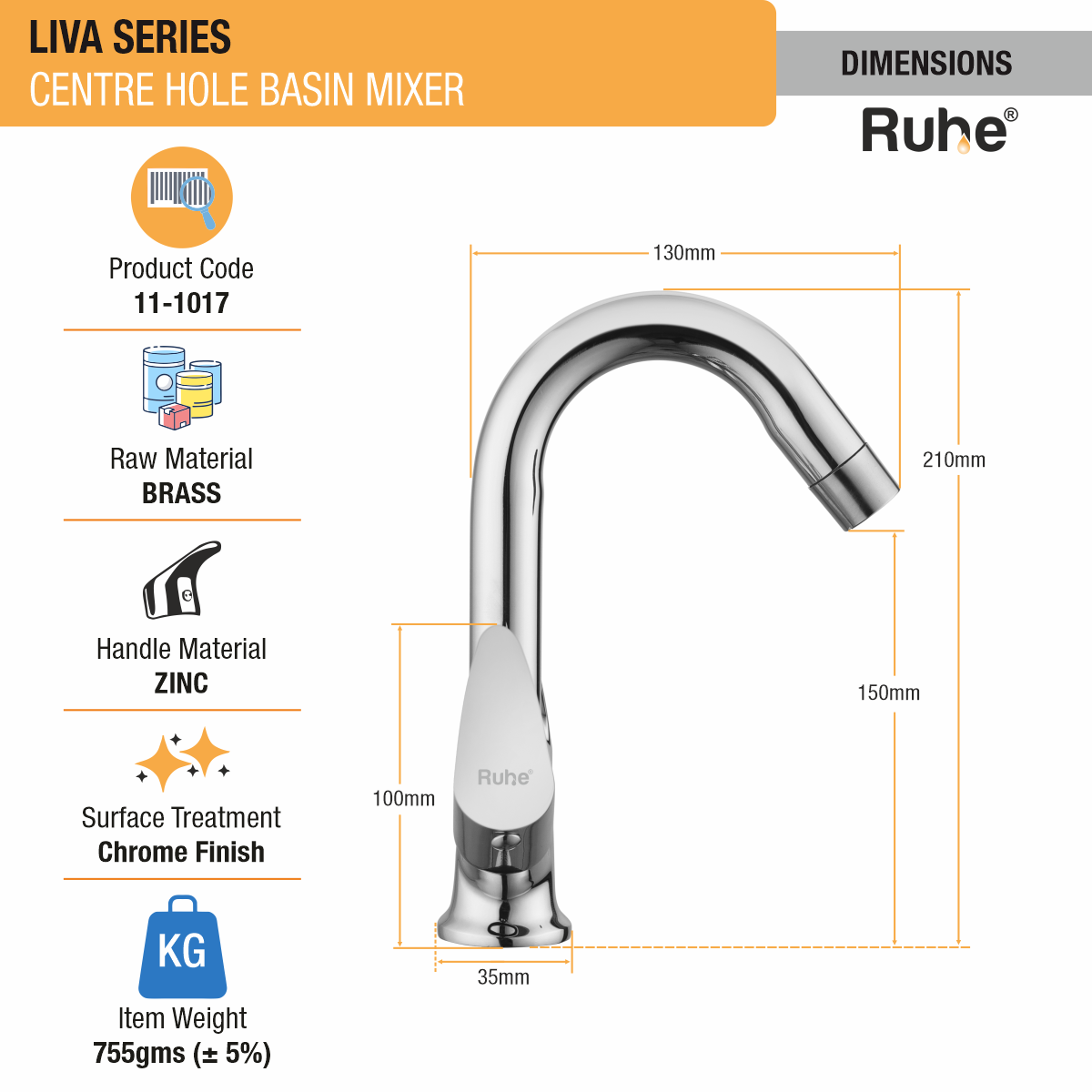 Liva Centre Hole Basin Mixer with Small (12 inches) Round Swivel Spout Faucet dimensions and size