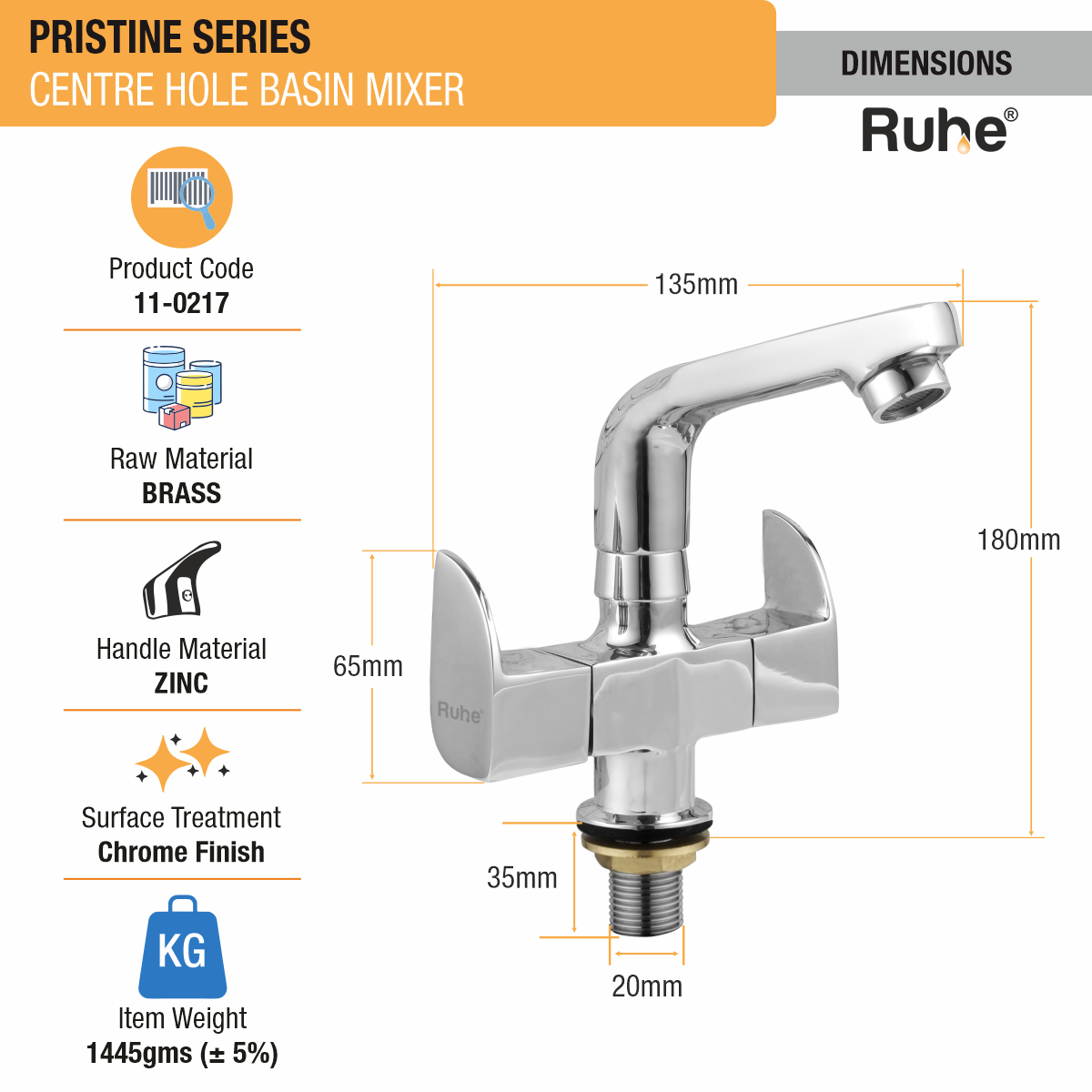 Pristine Centre Hole Basin Mixer with Small (7 inches) Swivel Spout Faucet dimensions and size