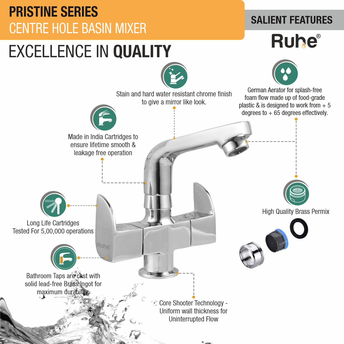Pristine Centre Hole Basin Mixer with Small (7 inches) Swivel Spout Faucet features