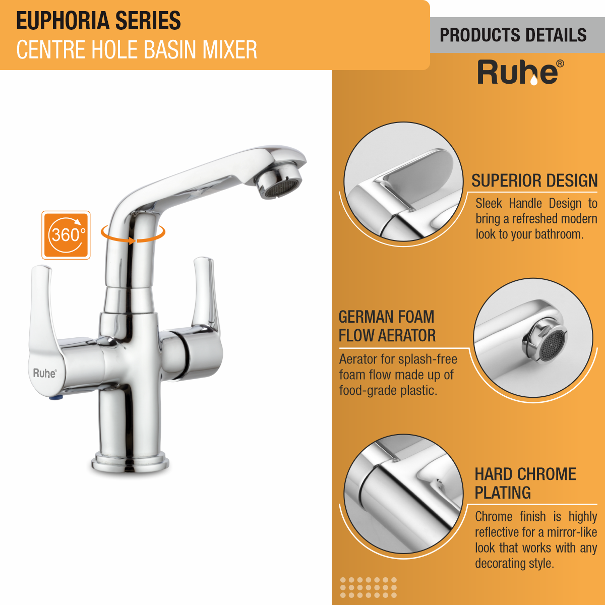 Euphoria Centre Hole Basin Mixer with Small (7 inches) Swivel Spout Faucet product details