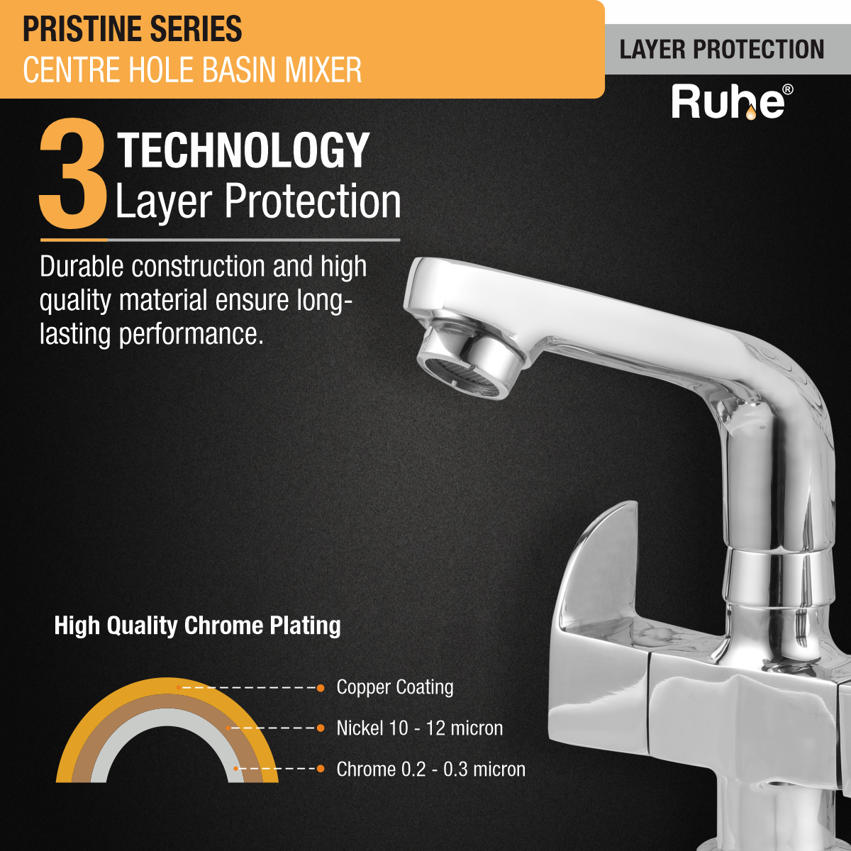 Pristine Centre Hole Basin Mixer with Small (7 inches) Swivel Spout Faucet 3 layer protection