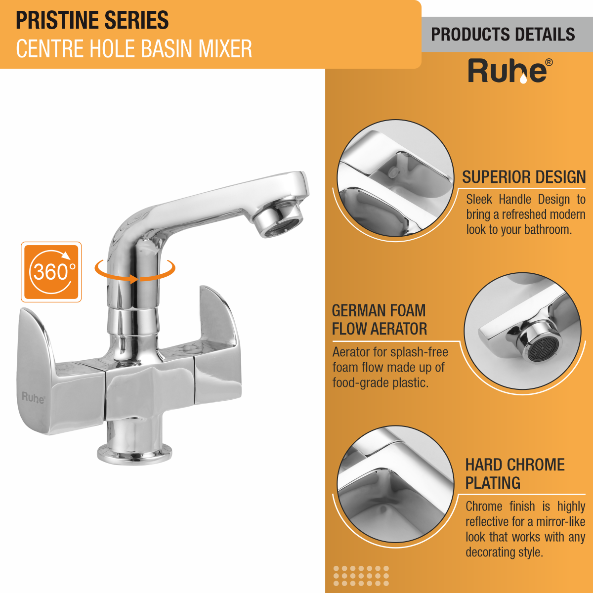 Pristine Centre Hole Basin Mixer with Small (7 inches) Swivel Spout Faucet product details
