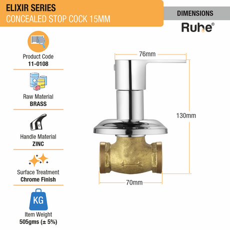 Elixir Concealed Stop Valve Brass Faucet (15mm) dimensions and size