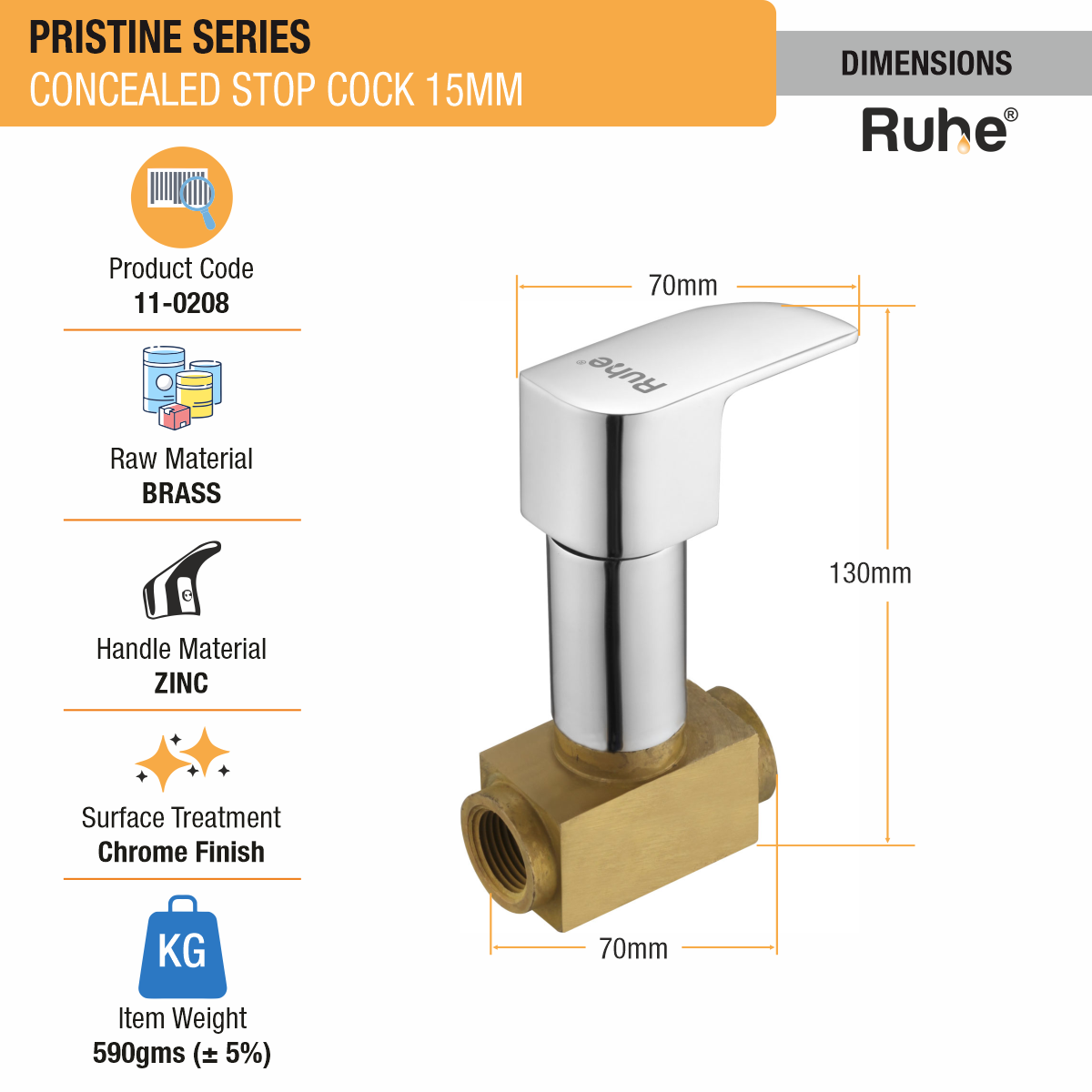 Pristine Concealed Stop Valve Brass Faucet (15mm) dimensions and size