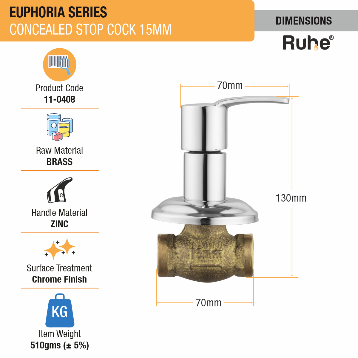 Euphoria Concealed Stop Valve Brass Faucet (15mm)- by Ruhe®