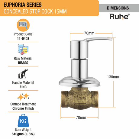 Euphoria Concealed Stop Valve Brass Faucet (15mm) dimensions and size