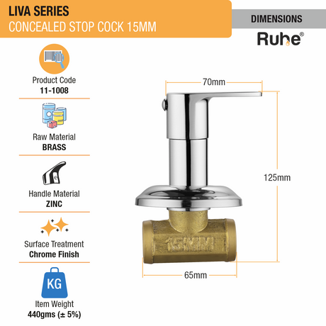 Liva Concealed Stop Valve Brass Faucet (15mm) dimensions and size