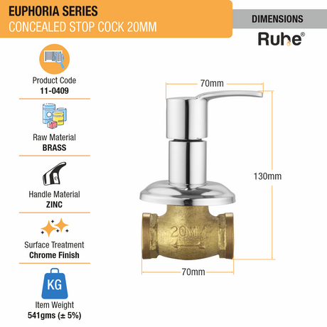 Euphoria Concealed Stop Valve Brass Faucet (20mm) dimensions and size