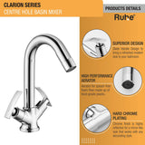 Clarion Centre Hole Basin Mixer Brass Mixer with Small (12 inches) Round Spout product details with superior design, foam flow aerator, chrome plating