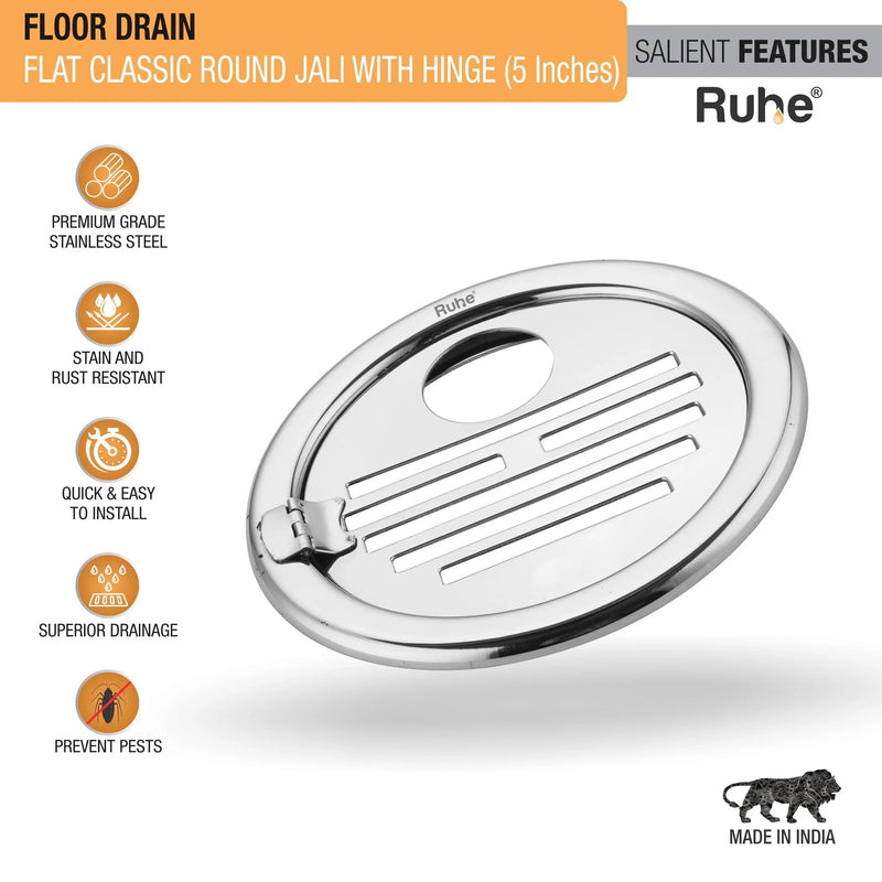 Classic Round Jali Floor Drain (5 Inches) with Hinged Grating Top & Hole (Pack of 2) - by Ruhe