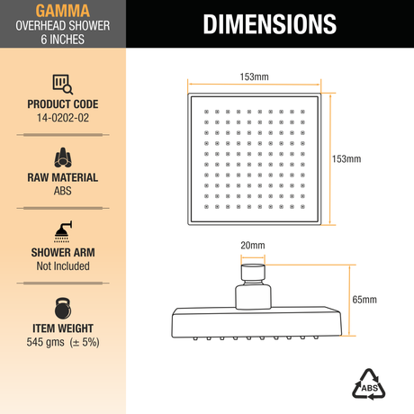 Gamma Overhead Shower (6 x 6 inches) dimensions and size
