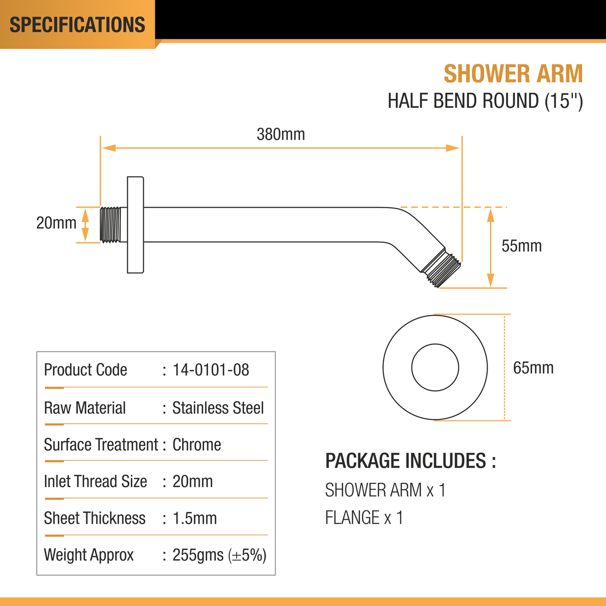 Round Half Bend Shower Arm (15 Inches) with Flange - by Ruhe