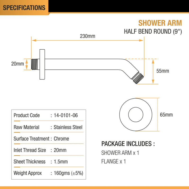 Round Half Bend Shower Arm (9 Inches) with Flange - by Ruhe