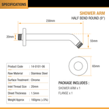 Round Half Bend Shower Arm (9 Inches) with Flange dimensions and sizes