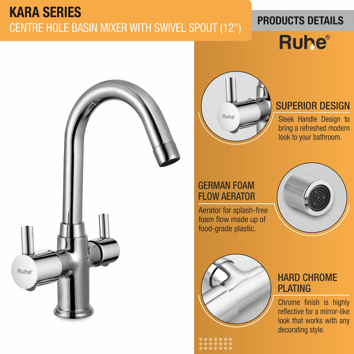 Kara Centre Hole Basin Mixer Brass Faucet with Small (12 inches) Round Swivel Spout product details with superior design, foam flow aerator, chrome plating