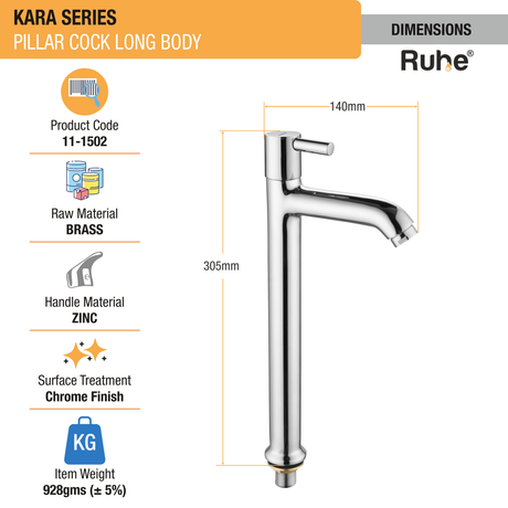 Kara Pillar Tap Tall Body Brass Faucet dimensions and size