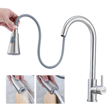 Kara Pull-out Single Lever Table Mount Sink Mixer Faucet with Dual Flow (Silver) 304-Grade SS