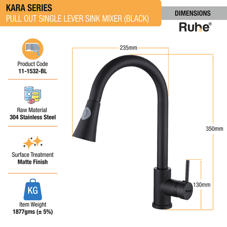 Kara Pull-out Single Lever Table Mount Sink Mixer Faucet with Dual Flow (Matte Black) 304-Grade SS dimensions and sizes