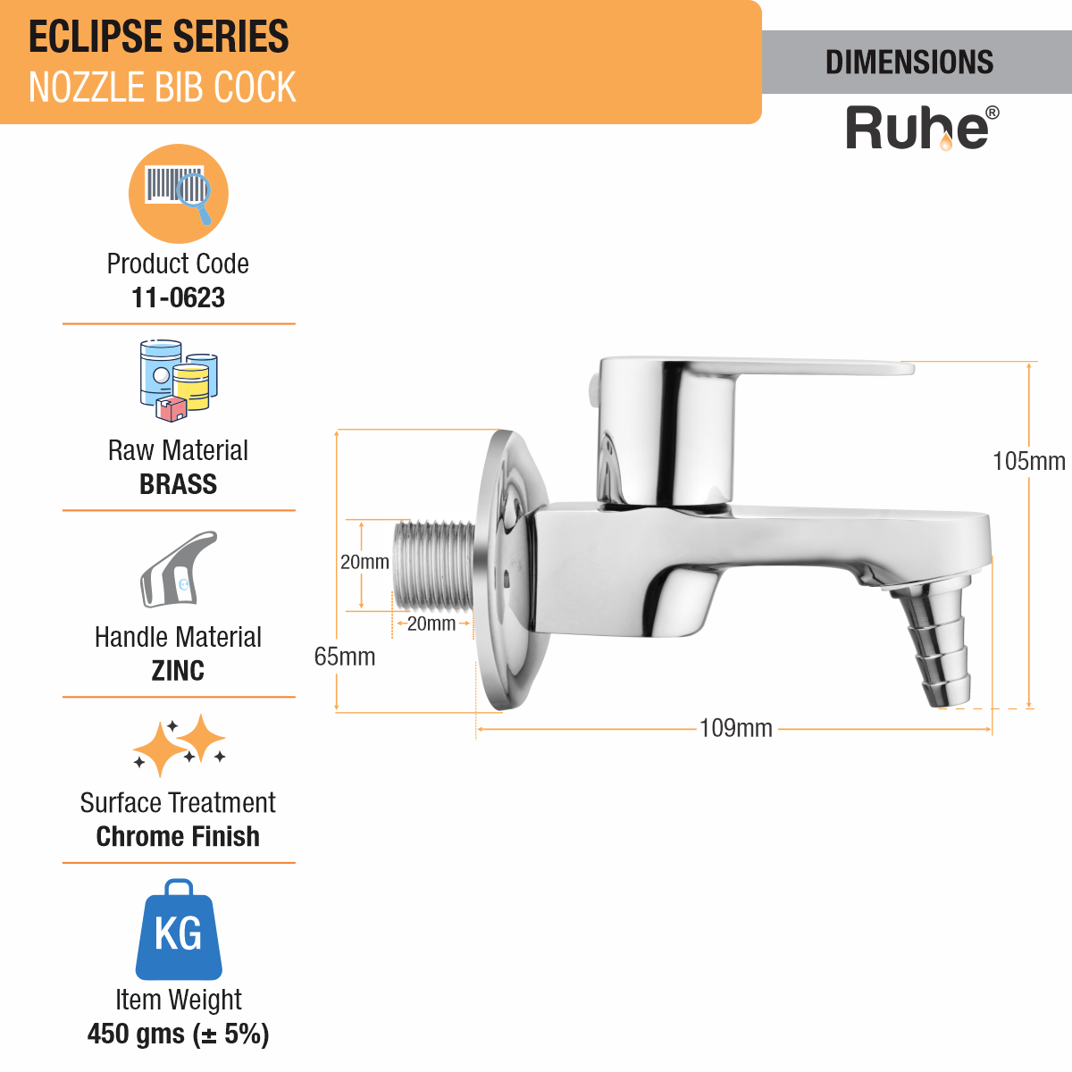 Eclipse Nozzle Bib Tap Brass Faucet dimensions and sizes